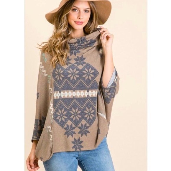 Penna&Pine Sweaters - Taupe Aztec Print Pocket Cowl Neck Poncho Sweater